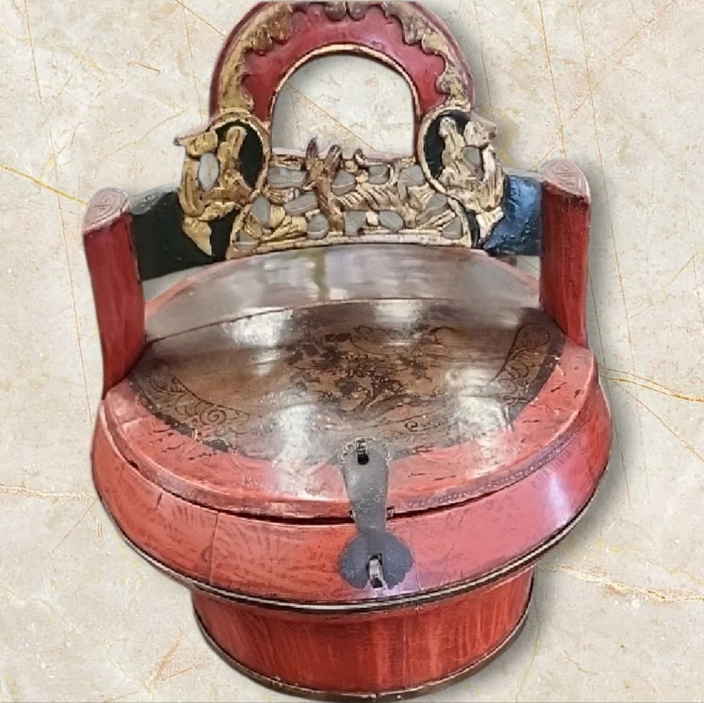 Antique-Style Red Lacquered Asian Bridal Box with Carved Handle